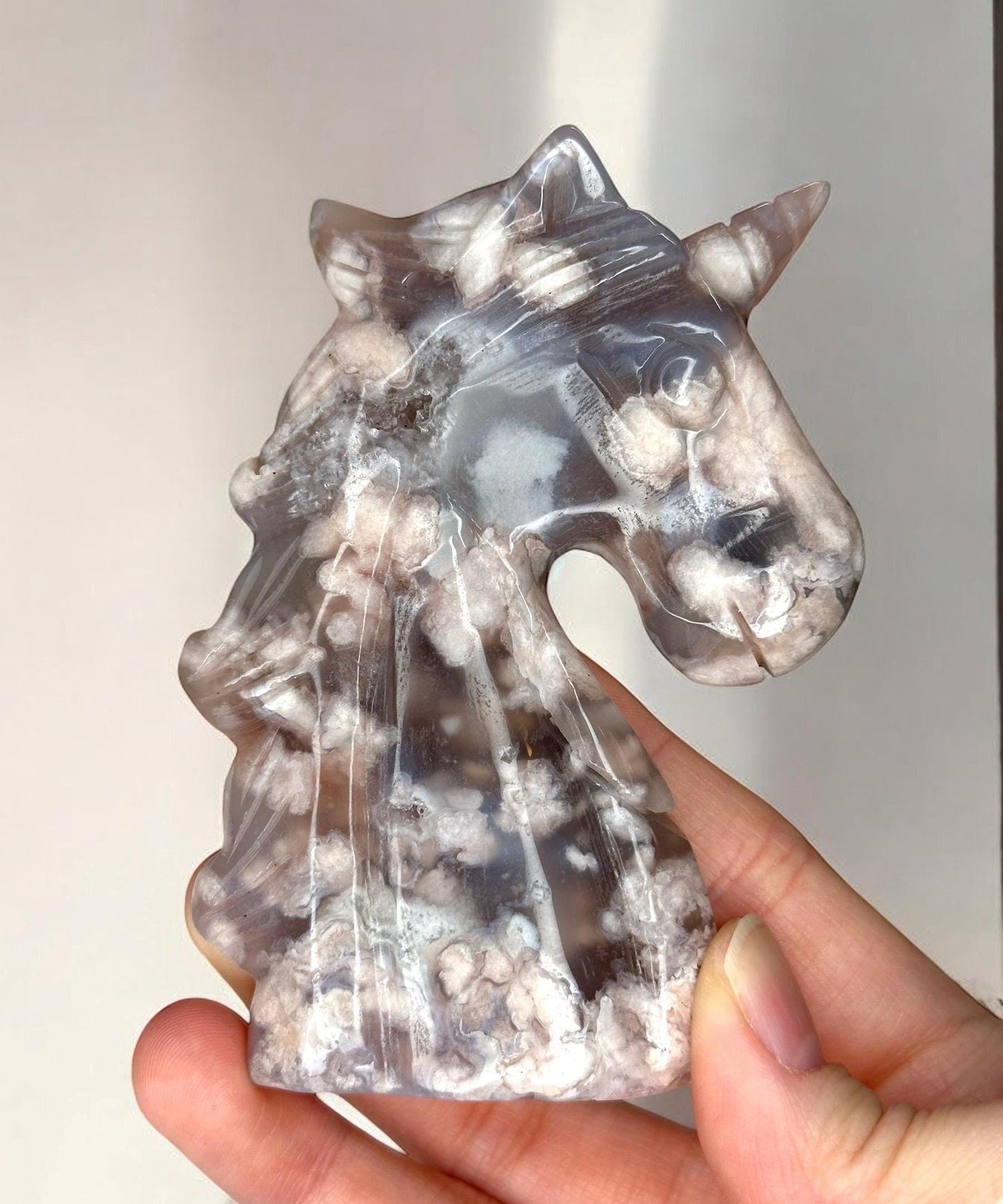 Black Flower Agate Unicorn | Carved Crystal Figurine | Unique Gemstone with Floral Patterns | Mystical Decor for Display