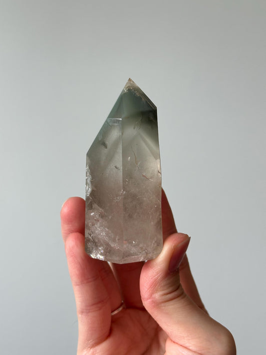 Polished Quartz with Chlorite Intergrown Double Point | Natural Crystal Formation | Unique Mineral Specimen | Quartz Display Stone
