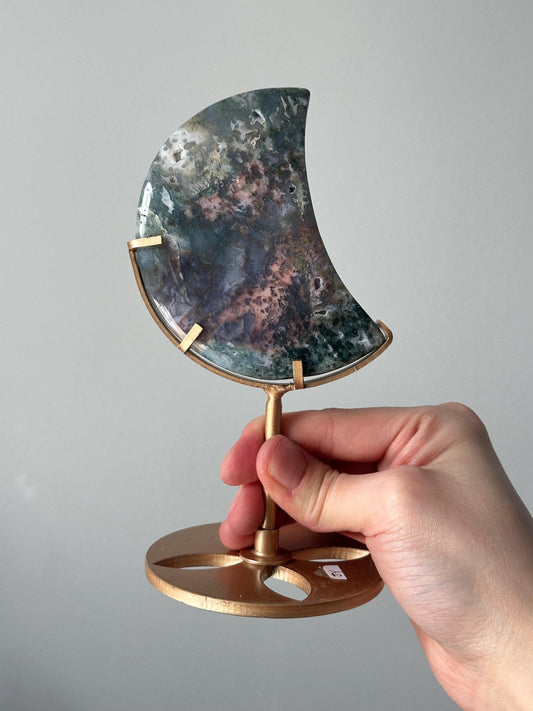Colorful Moss Agate Rainbow Moon on Stand | Crystal Crescent for Balance and Grounding | Nature-Inspired Decor | Healing Gemstone Display