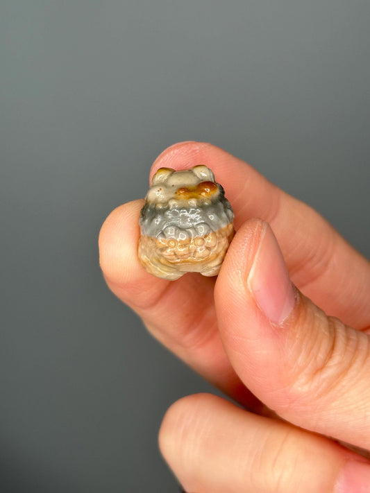 Mini Lucky Toad Carving in Alashan Agate with Flowers