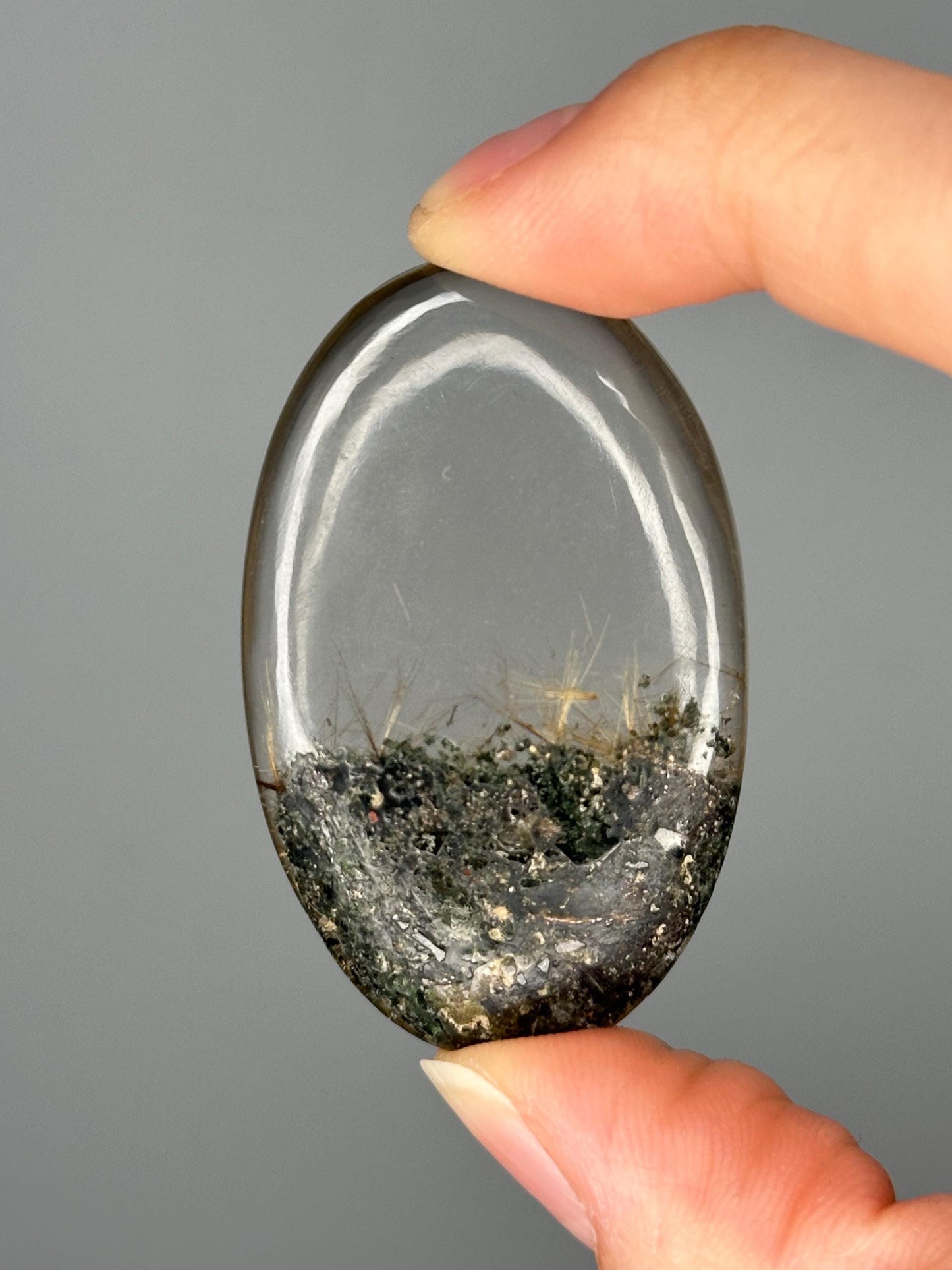 Himalayan Quartz Palmstone with Chlorite & Golden Rutile | High-Vibe Crystal for Clarity, Growth and Energy | Polished Stone