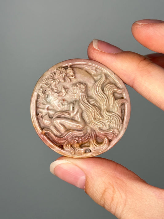 Alashan Agate Spring Goddess Medallion | Feminine Crystal Carving for Renewal, Growth & Beauty | Gemstone Art for Gift or Altar