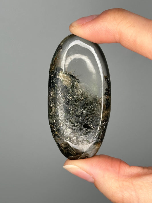 Himalayan Quartz Palmstone with Chlorite & Golden Rutile | High-Vibe Crystal for Clarity, Growth and Energy | Polished Stone