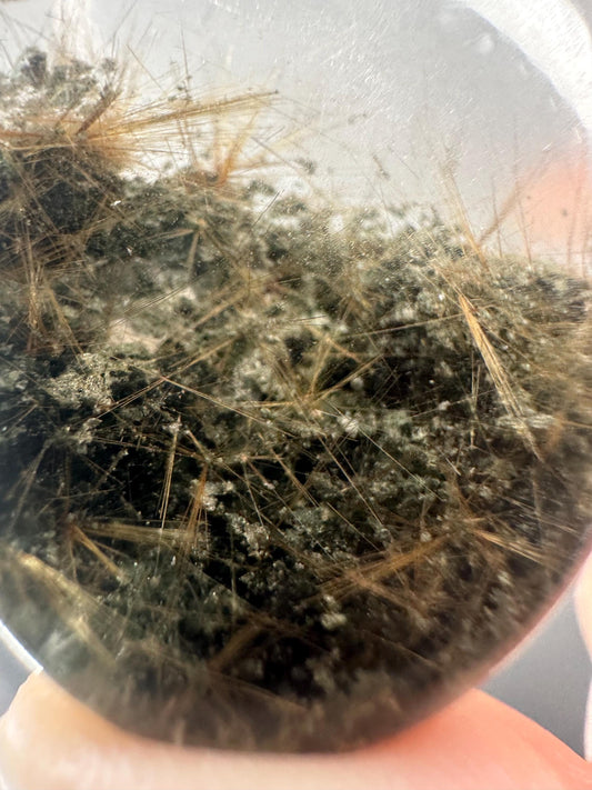 Himalayan Quartz Palmstone with Chlorite & Golden Rutile | High-Vibe Crystal for Clarity, Growth and Energy | Polished Stone