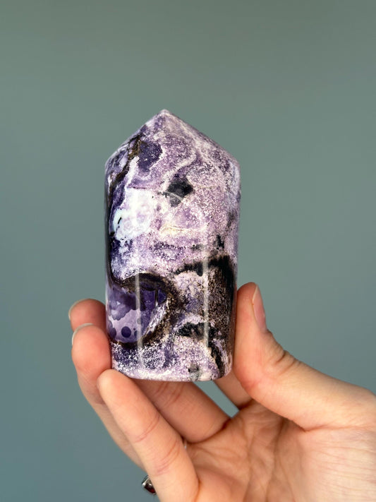 UV Reactive Tiffany Stone Tower | High Vibration Crystal for Intuition, Communication & Creativity | Unique Purple Gemstone Display