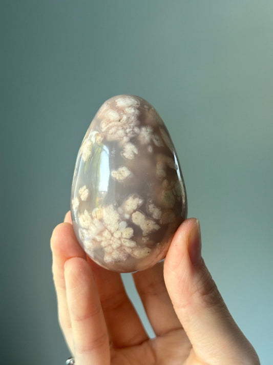 Black Flower Agate Egg | Grounding Crystal with Feminine Energy & Floral Patterns | Polished Gemstone and Display