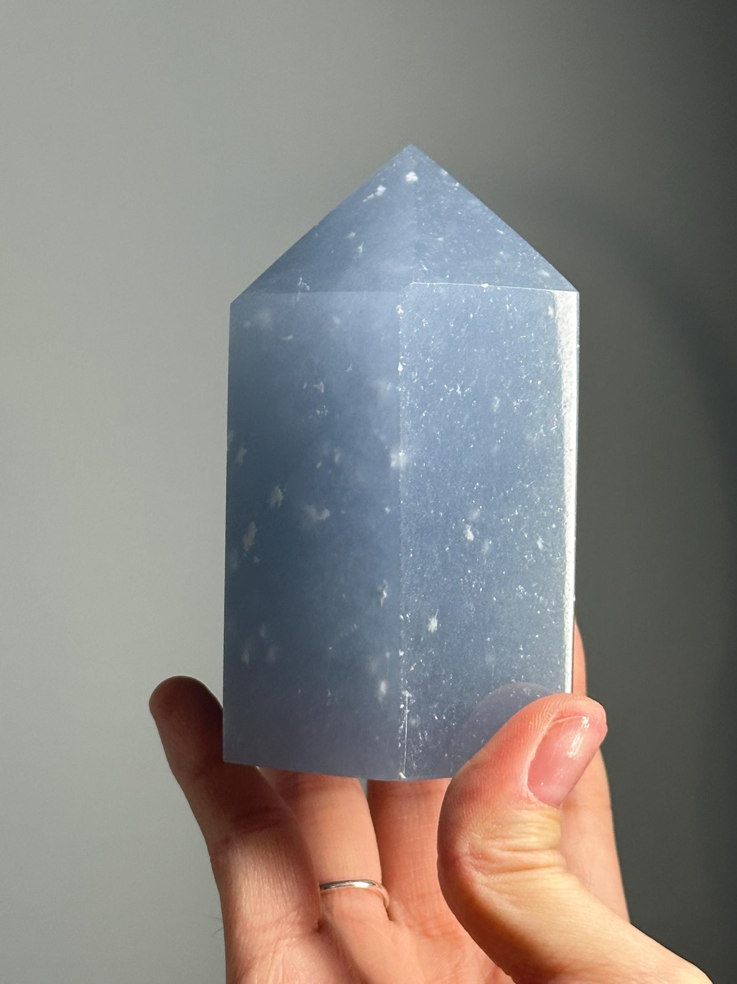 Snowflake Angelite Tower – Polished Blue Crystal Point with White Inclusions, Calming Gemstone for Peace & Clarity, Spiritual Decor Tool