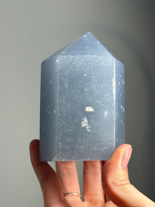 Snowflake Angelite Tower – Polished Blue Crystal Point with White Inclusions, Calming Gemstone for Peace & Clarity, Spiritual Decor Tool