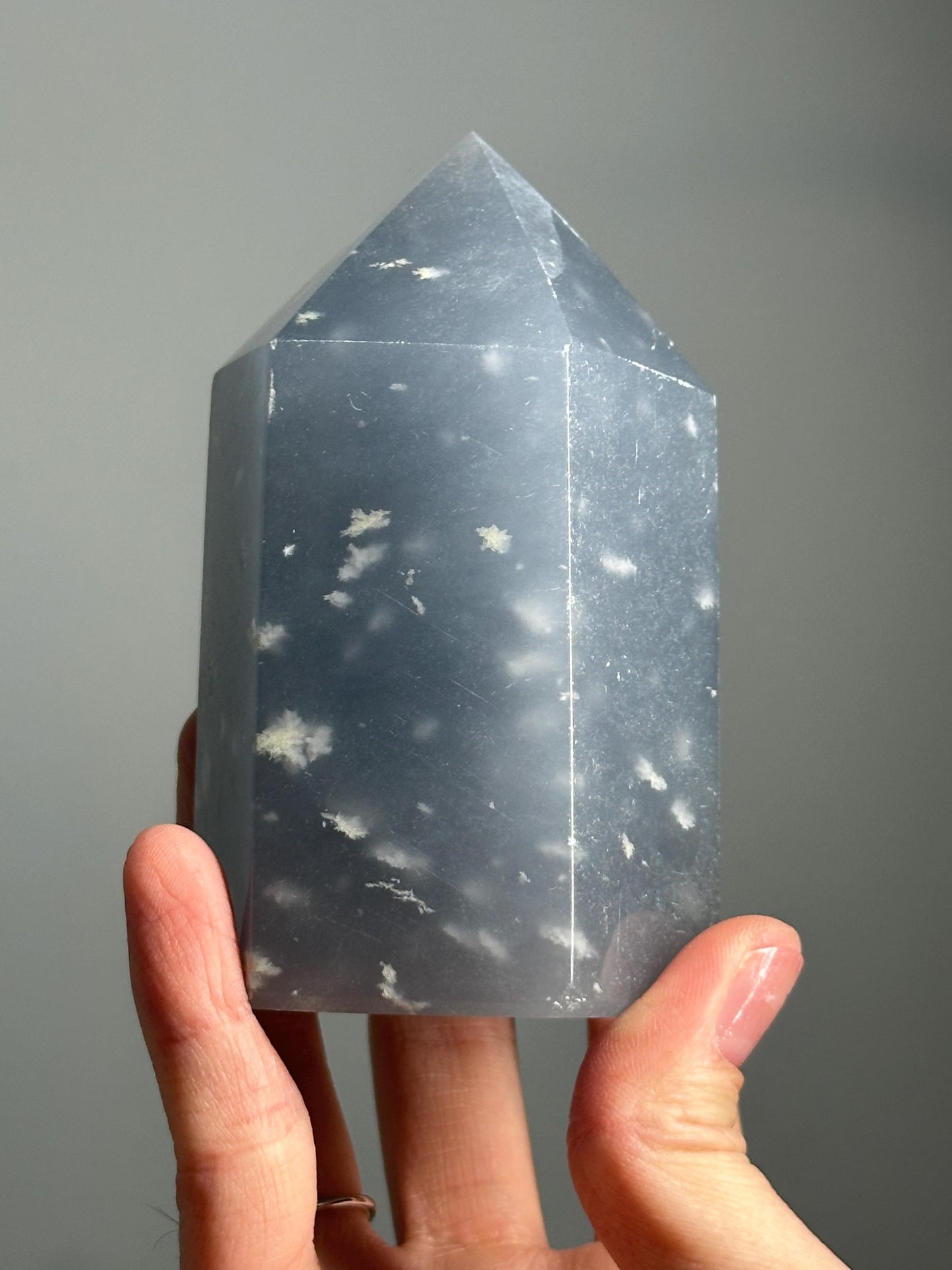 Snowflake Angelite Tower – Polished Blue Crystal Point with White Inclusions, Calming Gemstone for Peace & Clarity, Spiritual Decor Tool