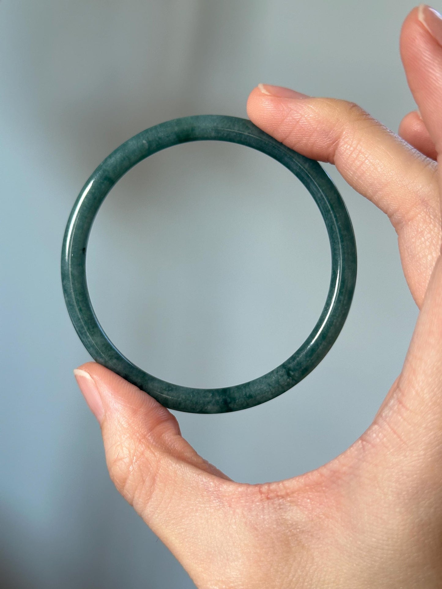 Slim Round Blue Water Jade Bangle – 58mm Natural Jade Bracelet, Polished Crystal Jewelry, Minimalist Gemstone Bangle, Calming Gift