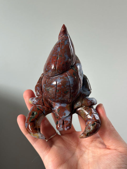 Ocean Jasper Hermit Crab with Blue Druzy – Carved Crystal Sea Animal, Gemstone Crab Figurine, Unique Ocean Decor, Coastal Collector Gift
