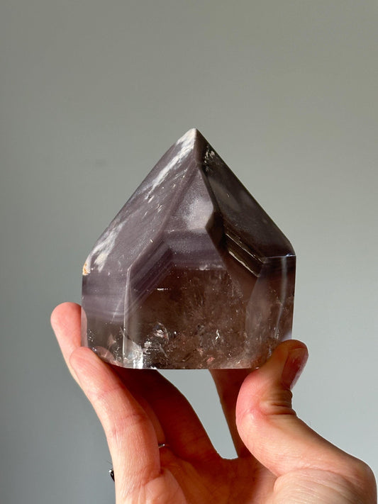 Pink Lithium & Smoky Quartz Tower – Polished Crystal Point, Natural Calming and Grounding Stone, Unique Spiritual Decor
