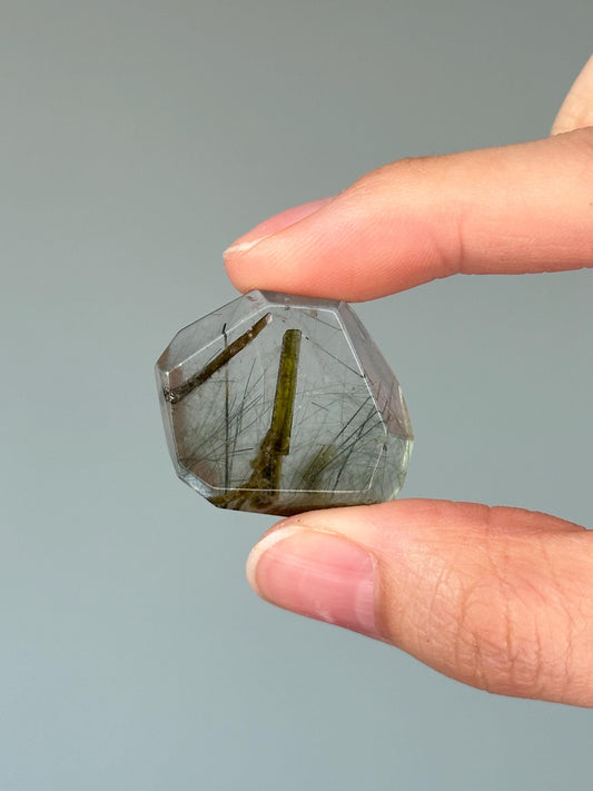Polished Green Epidote with Green Rutile in Quartz | Natural Inclusion Quartz Crystal | Unique Mineral Specimen for Collectors & Display