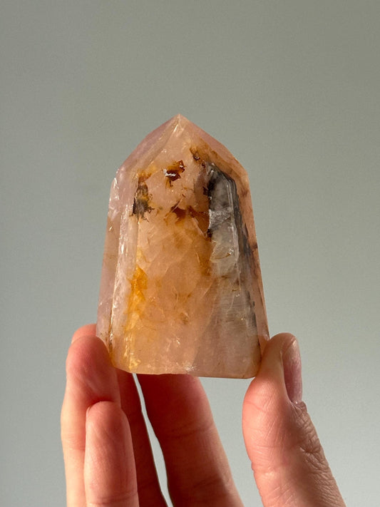 Rose Quartz With Pyrite and Golden Healer Tower – Polished Crystal Point, Natural Pink Gemstone for Love, Clarity, and Energy Decor