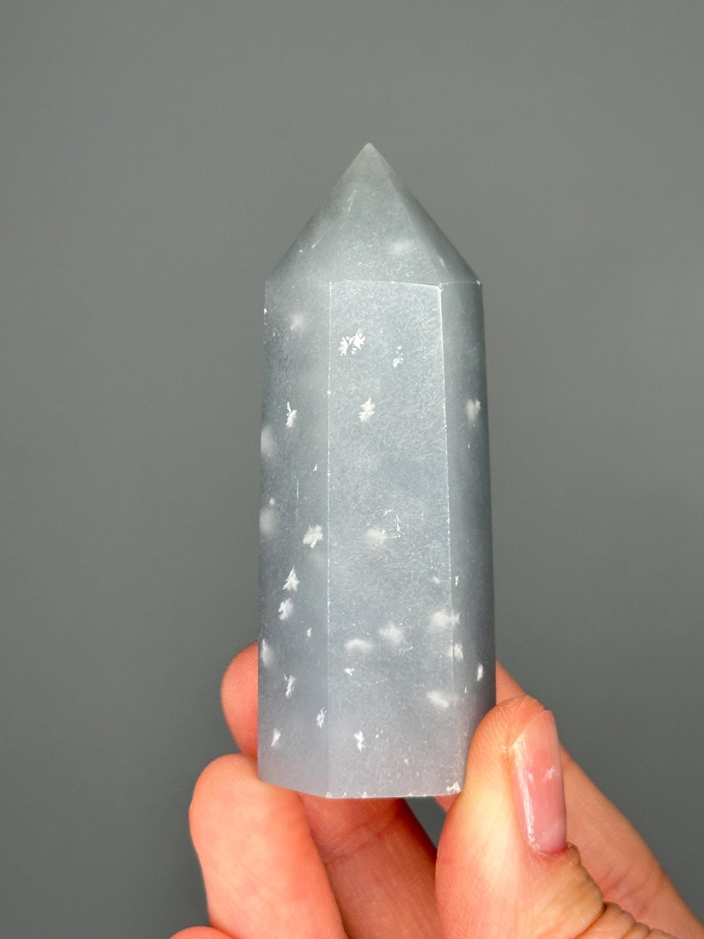 Snowflake Angelite Tower–YOU PICK! Polished Crystal Point, Natural Blue Gemstone with White Inclusions, Calming Energy Tool, Spiritual Decor