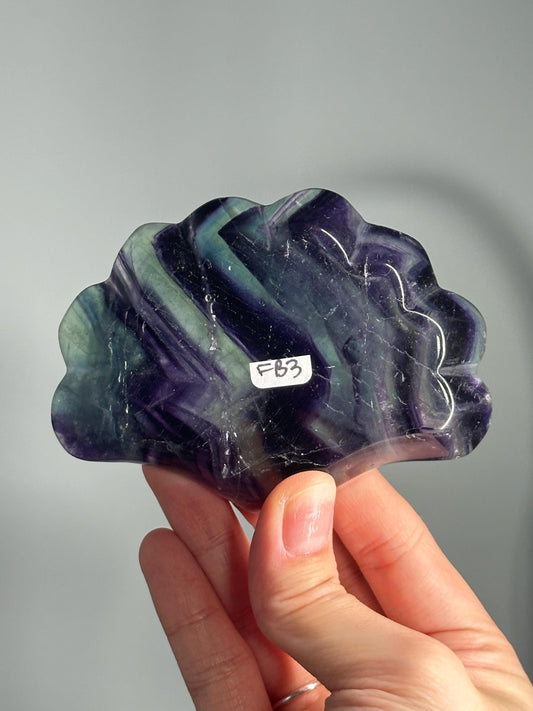 Fluorite Shell Bowl – Carved Natural Crystal Dish in Seashell Shape, Rainbow Fluorite for Display, Jewelry Holder, or Altar Offering Bowl