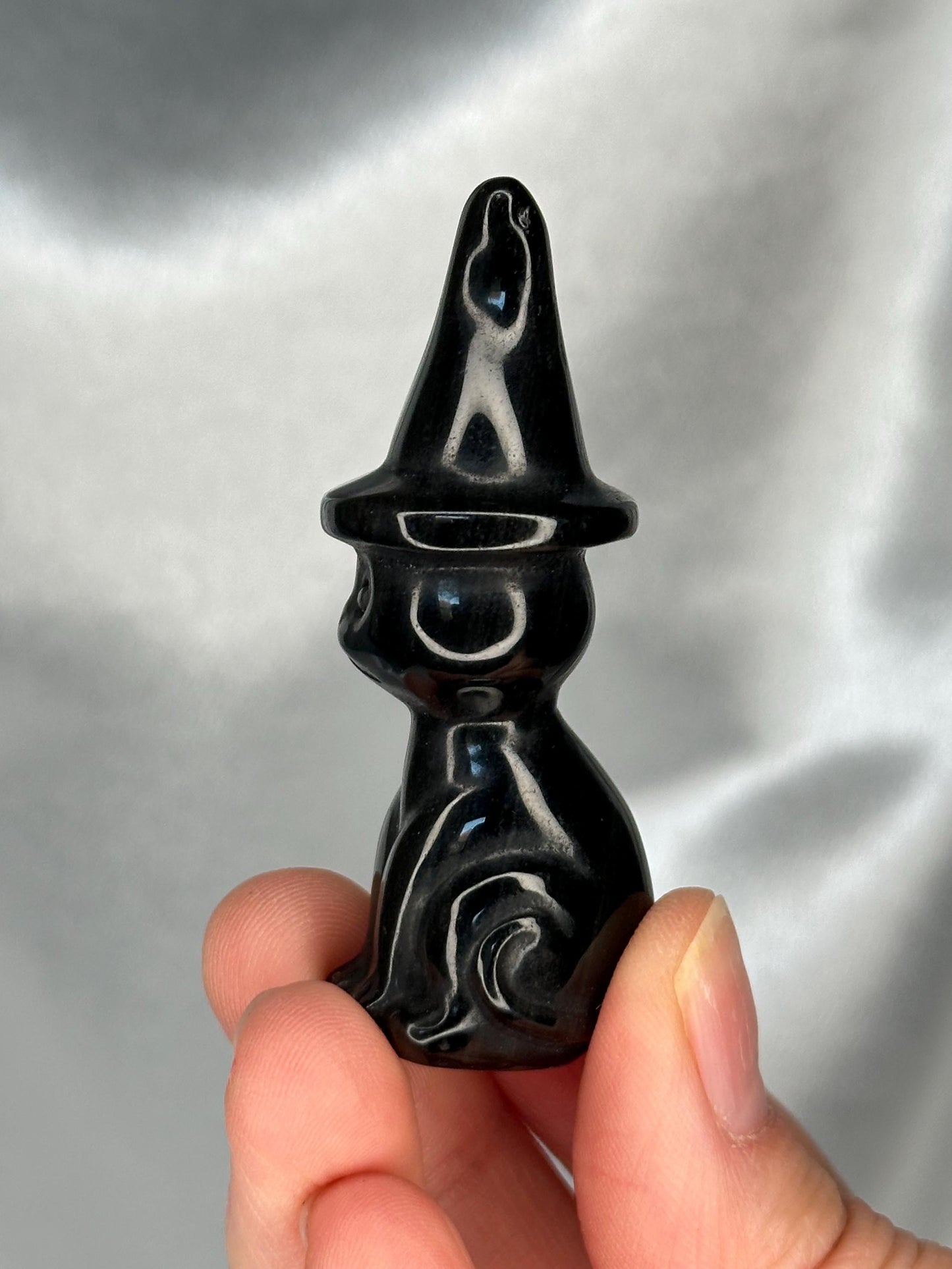 Mini Silver Sheen Obsidian Cat with Witch Hat | Shimmering Black Obsidian Carving | Magical Halloween Decor Unique Witchy Gift for