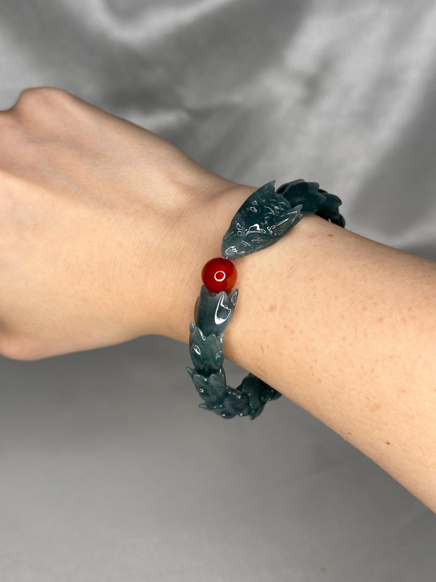 Blue Water Jade Bracelet with Red Agate Ouroboros Dragon Bead, Crystal for Renewal, Calm Energy, Protection & Spiritual Balance