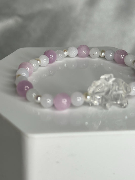 Lavender Jade, Kunzite & Pearl Bracelet with Angel Bear Bead, Gentle Love, Shy Romance and Soft Guardian Energy