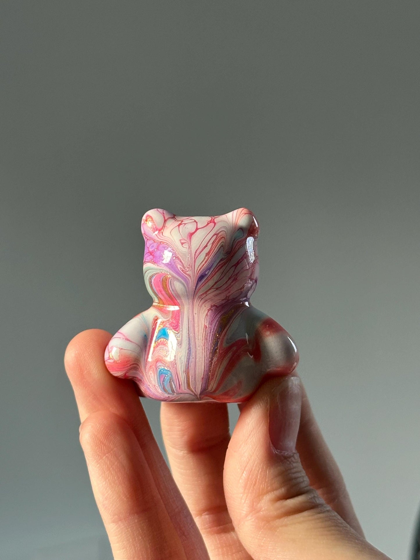 Hand-Painted Water Marbled Wooden Teddy Bear Figurine – Unique Art Toy, Decorative Bear Sculpture, Collectible Handmade Gift