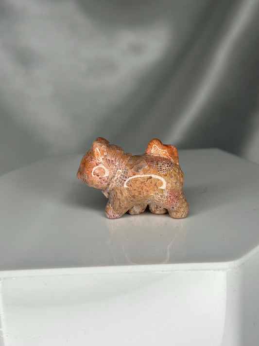 Mini Fossilized Coral Walking Cat Carving | Hand-Carved Gemstone Kitty Figurine | Crystal Animal Sculpture | Cat Lover Gift Idea