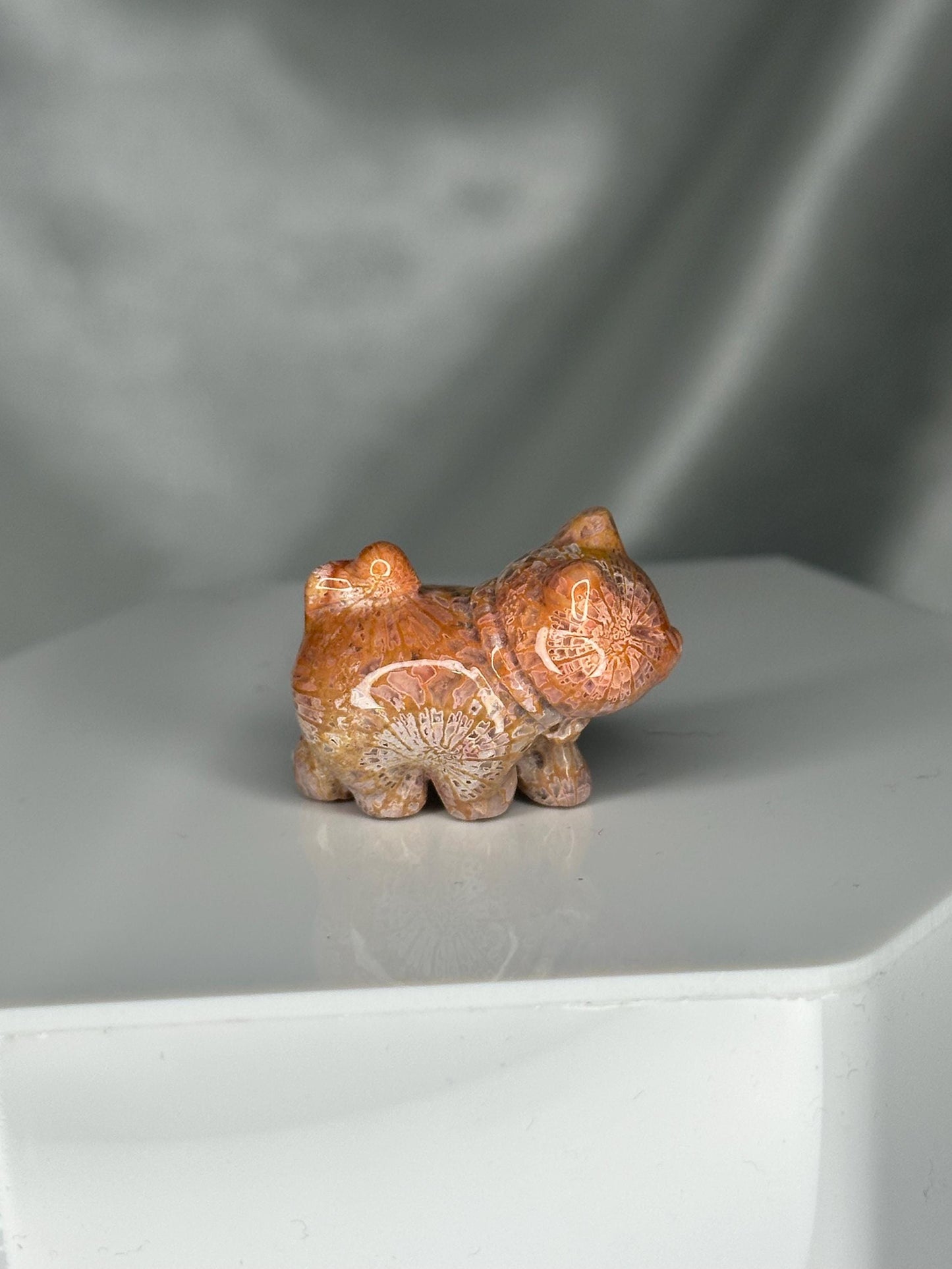 Mini Fossilized Coral Walking Cat Carving | Hand-Carved Gemstone Kitty Figurine | Crystal Animal Sculpture | Cat Lover Gift Idea