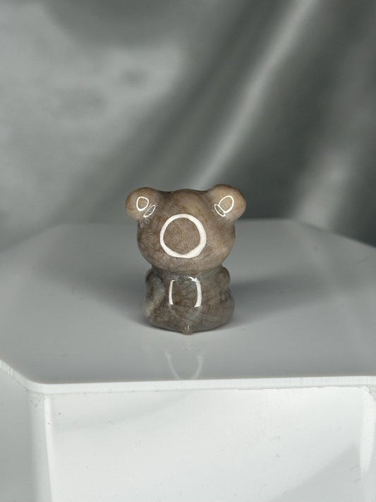 Fossilized Coral Teddy Bear with Cat Carving | Hand-Carved Gemstone Figurine | Cute Crystal Animal Sculpture | Unique Gift Idea
