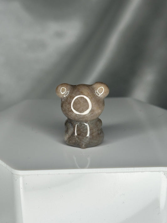 Fossilized Coral Teddy Bear with Cat Carving | Hand-Carved Gemstone Figurine | Cute Crystal Animal Sculpture | Unique Gift Idea