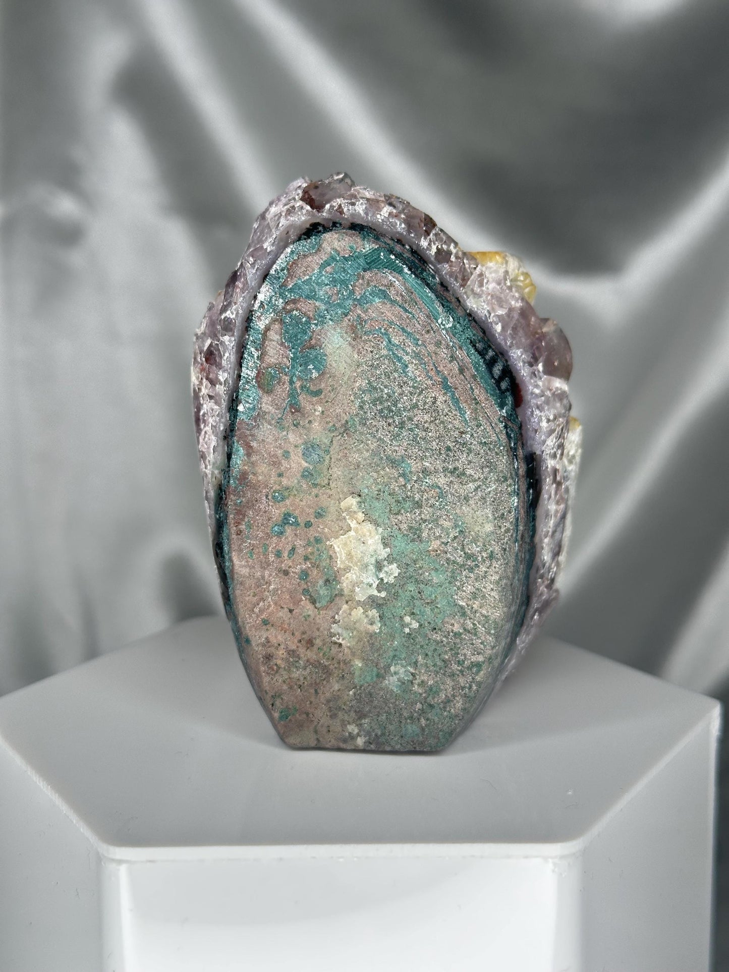 Amethyst Cluster with Natural Iron Staining from Brazil | Golden Yellow Hematite Coated Crystal | Unique Purple Quartz Mineral Specimen