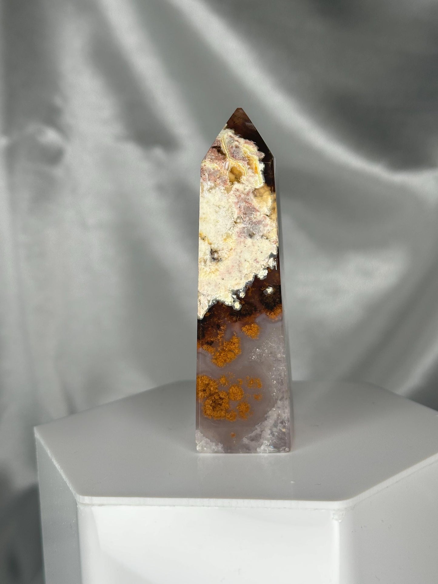 Druzy Agate Tower with Moss Inclusions | Natural Green Moss Agate Point | Sparkling Crystal Tower Display for Home or Office Décor