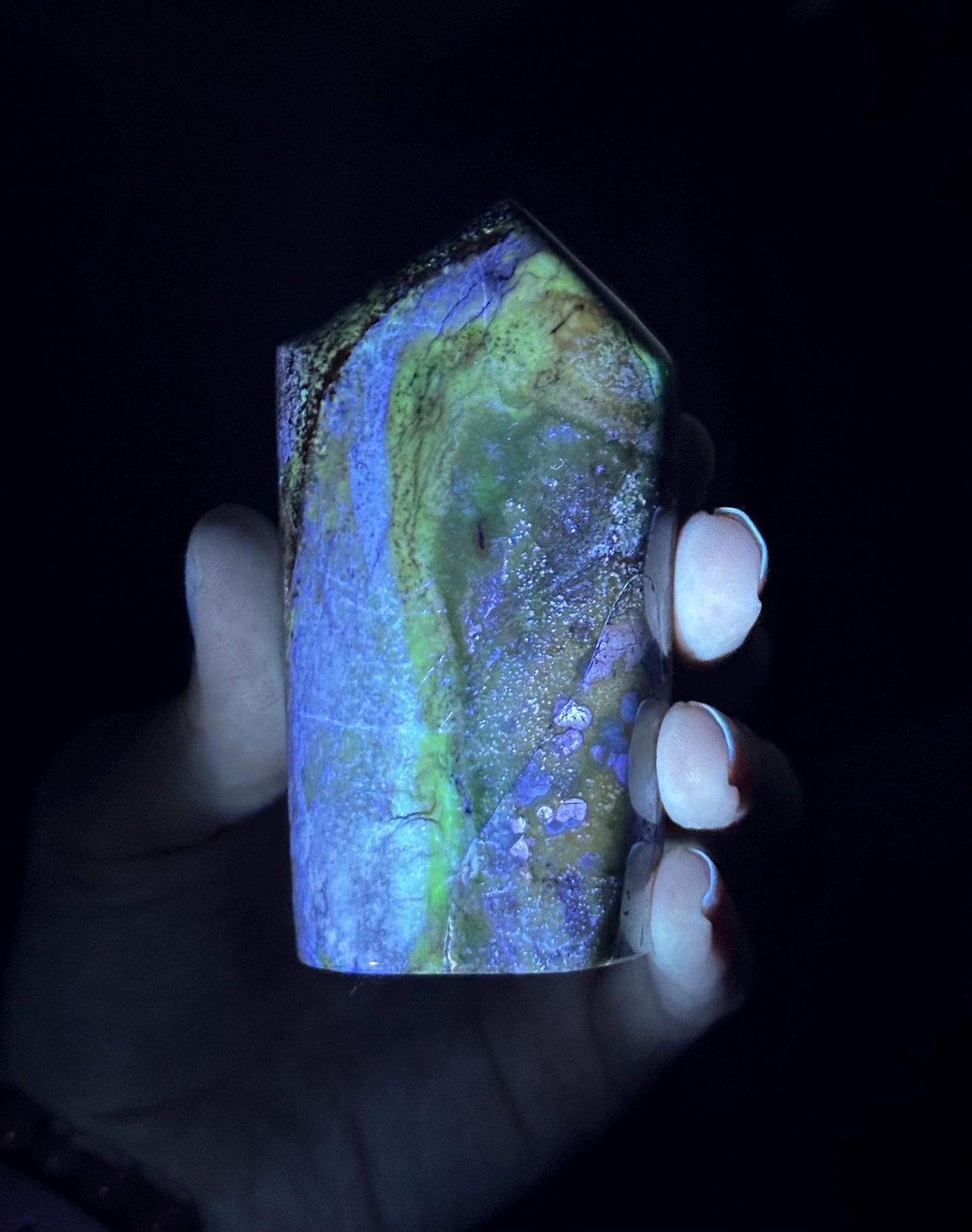 UV Reactive Tiffany Stone Tower | High Vibration Crystal for Intuition, Communication & Creativity | Unique Purple Gemstone Display