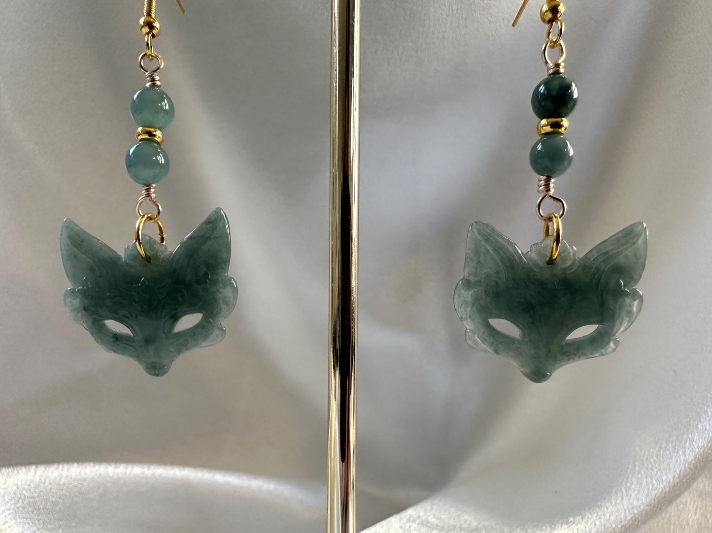 Blue Water Jade Kitsune Dangle Earrings | Fox Spirit Jewelry | Jade Drop Earrings | Handmade Fantasy Inspired Accessory