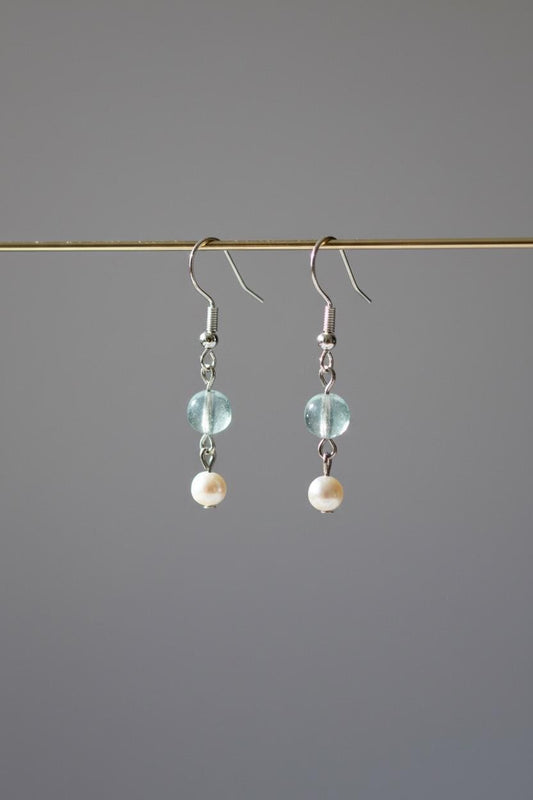 Aquamarine & Freshwater Pearl Hook Earrings | Handmade Gemstone Dangles | Natural Blue Aquamarine and Pearl Jewelry for Everyday Wear