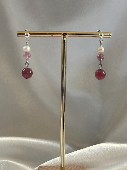 Star Rose Quartz Drop Earrings with Freshwater Pearl | Natural Pink Gemstone Dangles | Handmade Rose Quartz and Pearl Jewelry