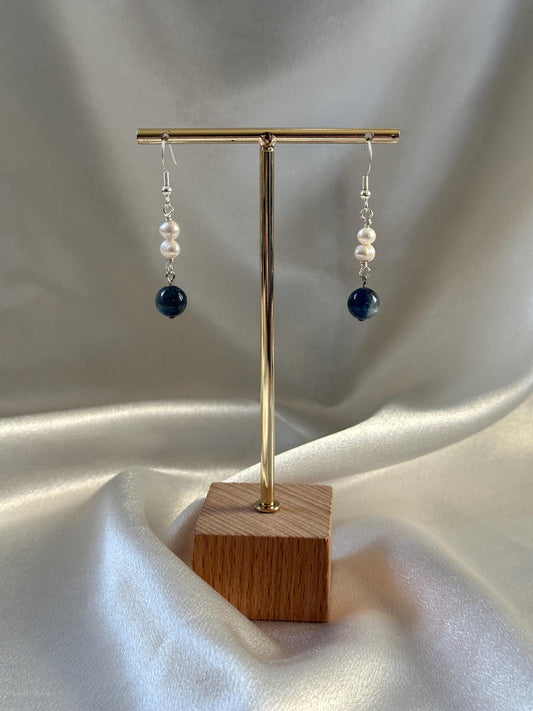 Gem Kyanite & Freshwater Pearl Earrings | Natural Blue Kyanite with White Pearl | Handmade Gemstone Dangle Jewelry for Everyday Wear