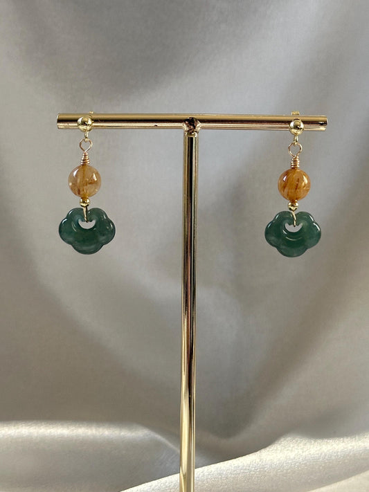 Blue Water Jade Ruyi with Golden Rutile Drop Earrings | Natural Gemstone Dangle Jewelry | Handmade Jade & Rutile Quartz Earrings