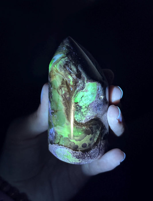 UV Reactive Tiffany Stone Tower | High Vibration Crystal for Intuition, Communication & Creativity | Unique Purple Gemstone Display