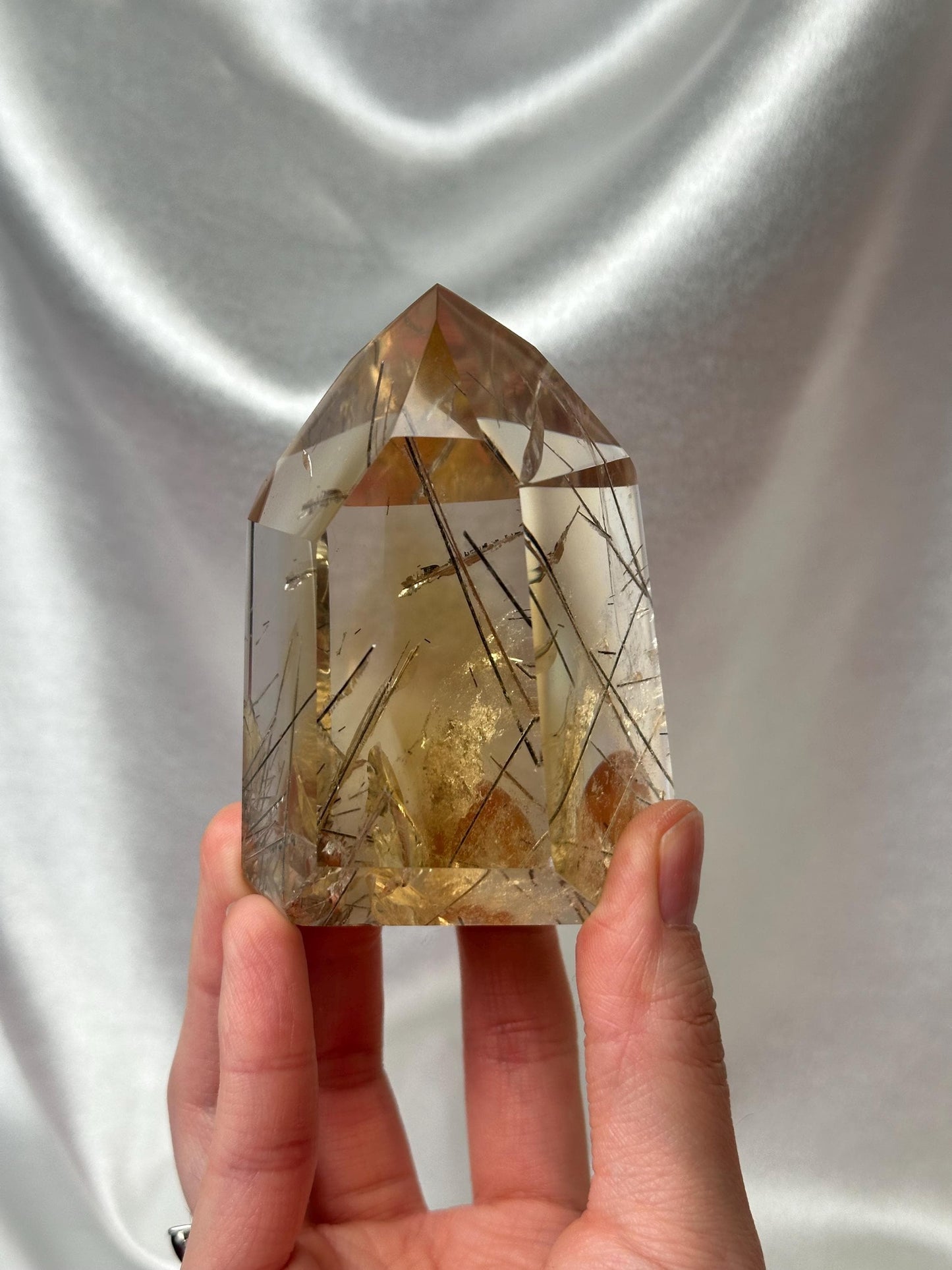 RARE Rutile Citrine Tower | Polished Citrine Quartz Point with Needle Inclusions | Natural Yellow Crystal Mineral for Display & Collections