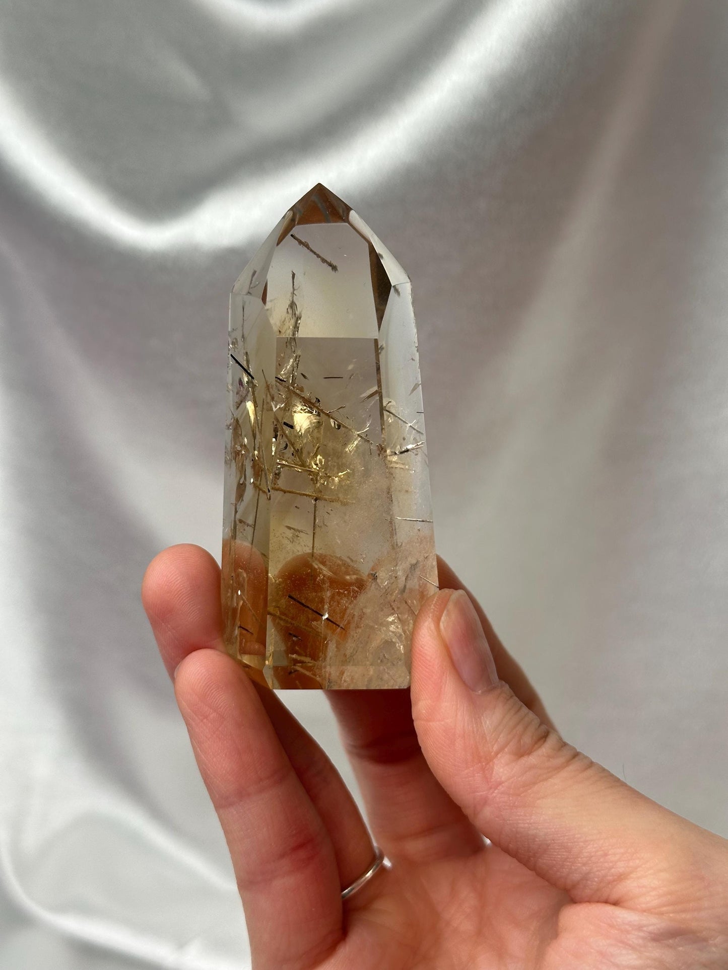 RARE Rutile Citrine Tower | Polished Citrine Quartz Point with Needle Inclusions | Natural Yellow Crystal Mineral for Display & Collections