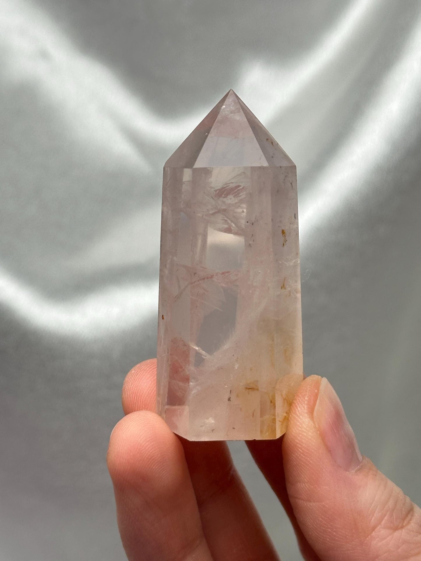 Rose Quartz with Pyrite Golden Healer Tower | Natural Pink Quartz Crystal Point with Pyrite Inclusions | Raw Mineral Specimen for Display