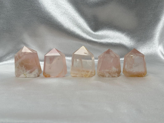 Snowflake Rose Quartz Towers - YOU PICK! | Natural Pink Quartz Crystal Points with White Inclusions | Polished Standing Mineral Specimens