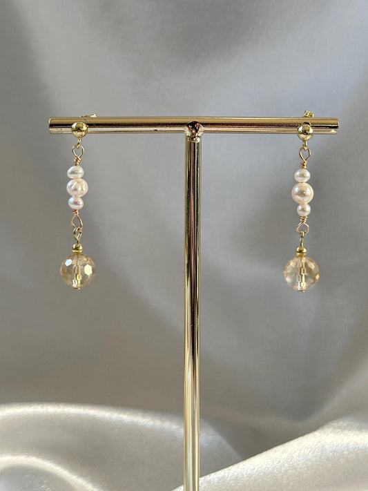 Faceted Citrine & Freshwater Pearl Stud Earrings | Handmade Gemstone Dangles | Natural Yellow Citrine and Pearl Jewelry for Everyday Wear