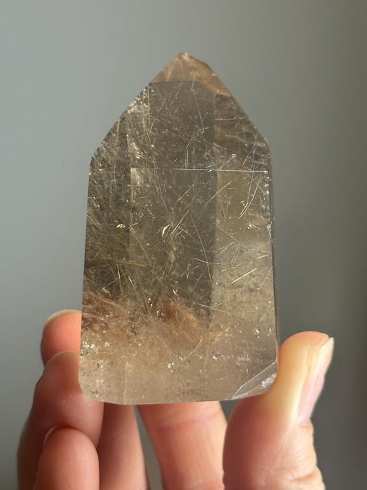 Rutile in Quartz Tower | Natural Clear Quartz Crystal with Rutile Needle Inclusions | Polished Standing Mineral Specimen Collectors Display
