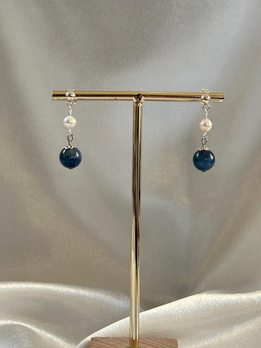 Gem Kyanite & Freshwater Pearl Stud Earrings | Natural Blue Kyanite with White Pearl | Handmade Gemstone Stud Jewelry