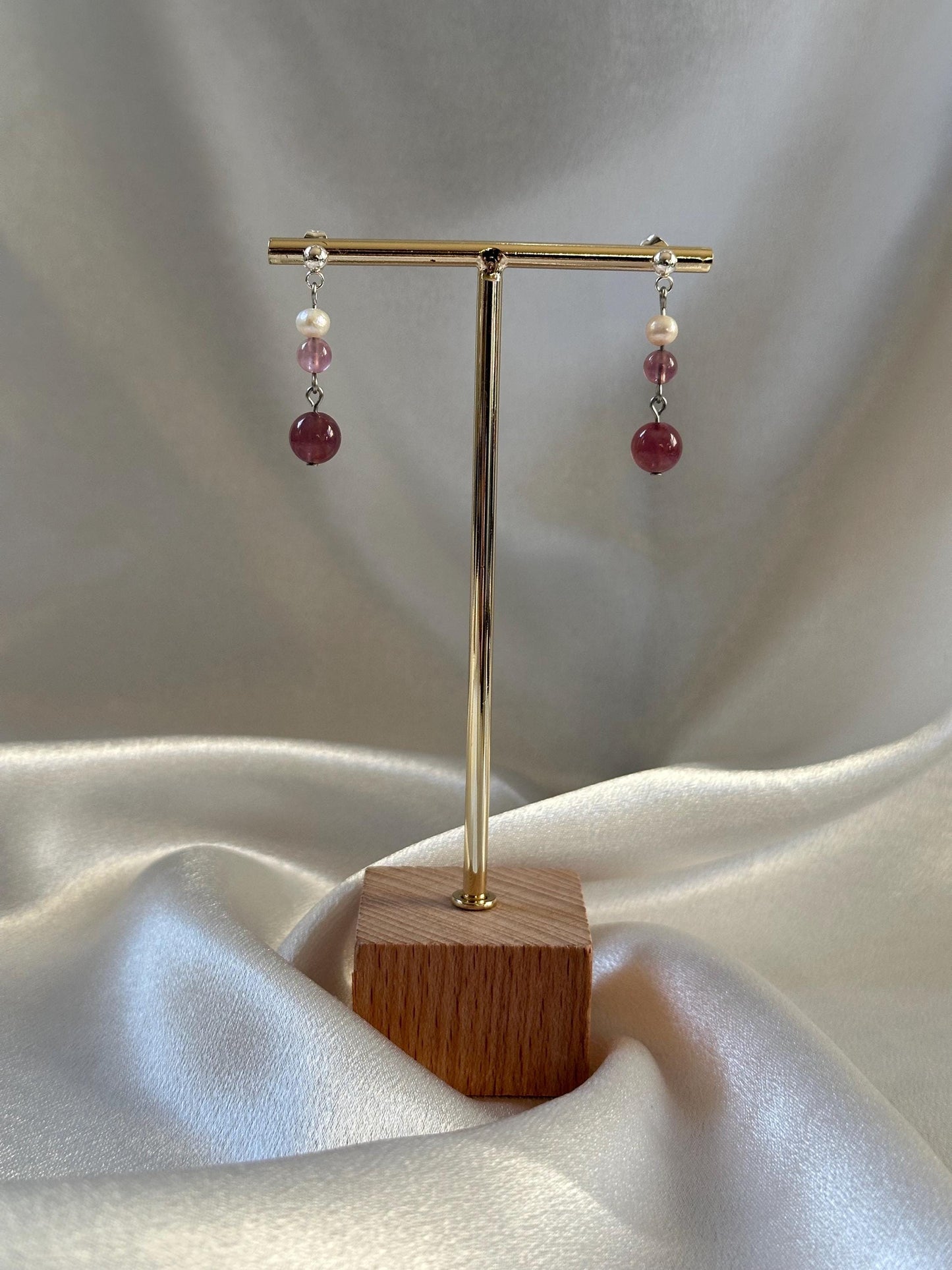 Star Rose Quartz Drop Earrings with Freshwater Pearl | Natural Pink Gemstone Dangles | Handmade Rose Quartz and Pearl Jewelry