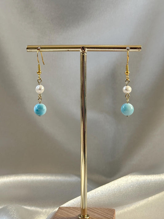 Larimar & Freshwater Pearl Hook Earrings | Natural Blue Larimar Gemstone Dangles | Handmade Pearl and Larimar Jewelry for Everyday Wear