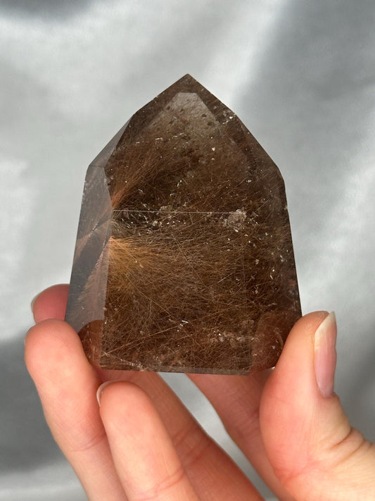 Rutile in Quartz Tower | Natural Clear Quartz Crystal with Rutile Needle Inclusions | Polished Standing Mineral Specimen Collectors Display