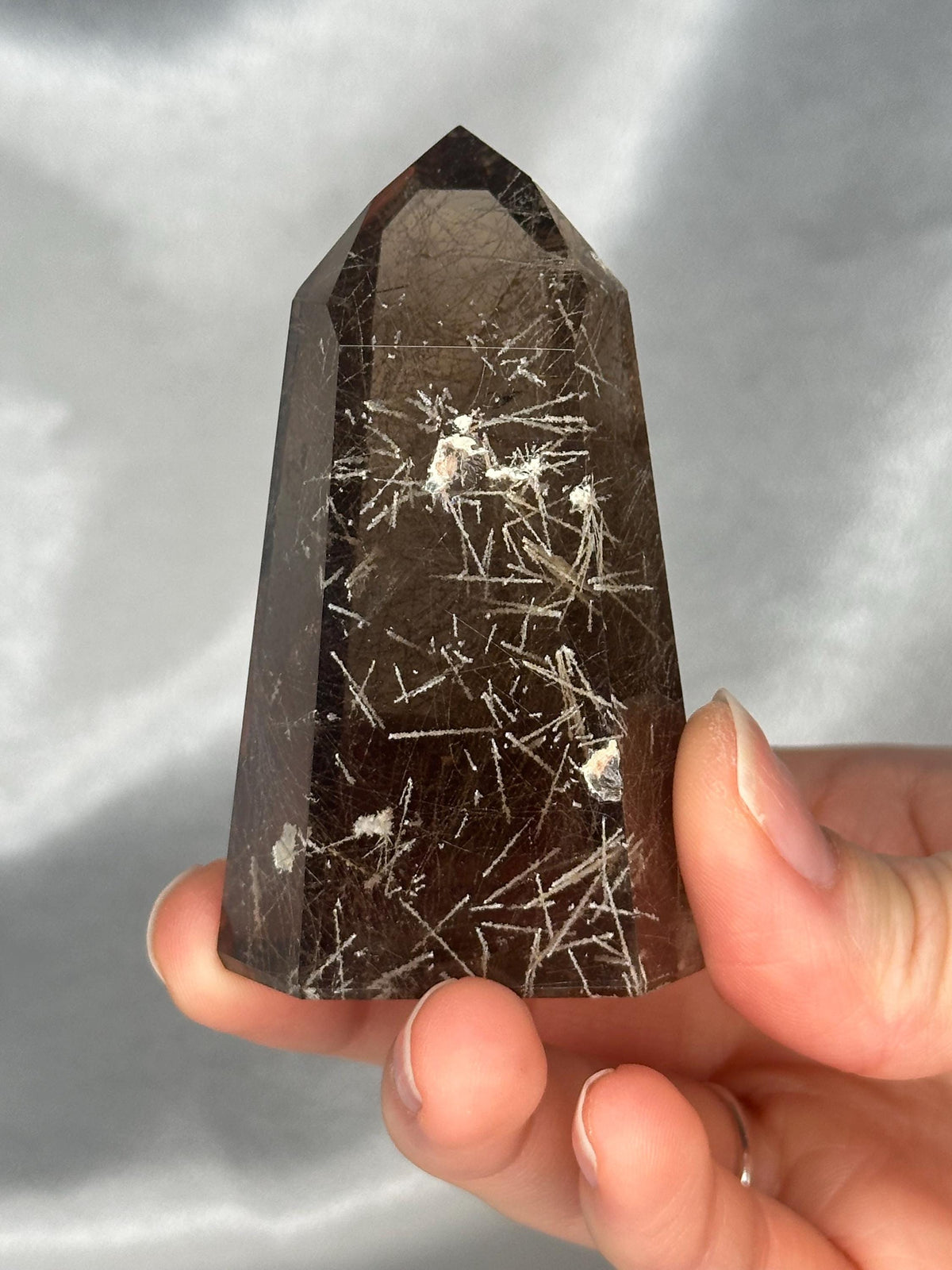 Rutile in Quartz Tower | Natural Clear Quartz Crystal with Rutile Needle Inclusions | Polished Standing Mineral Specimen Collectors Display
