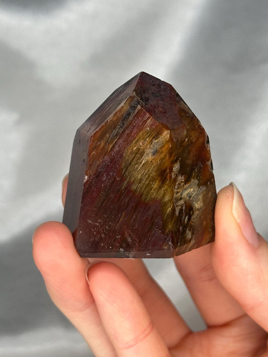 Red Amphibole Quartz Tower | Natural Quartz Crystal with Red Amphibole Inclusions | Polished Standing Mineral Specimen for Collector Display