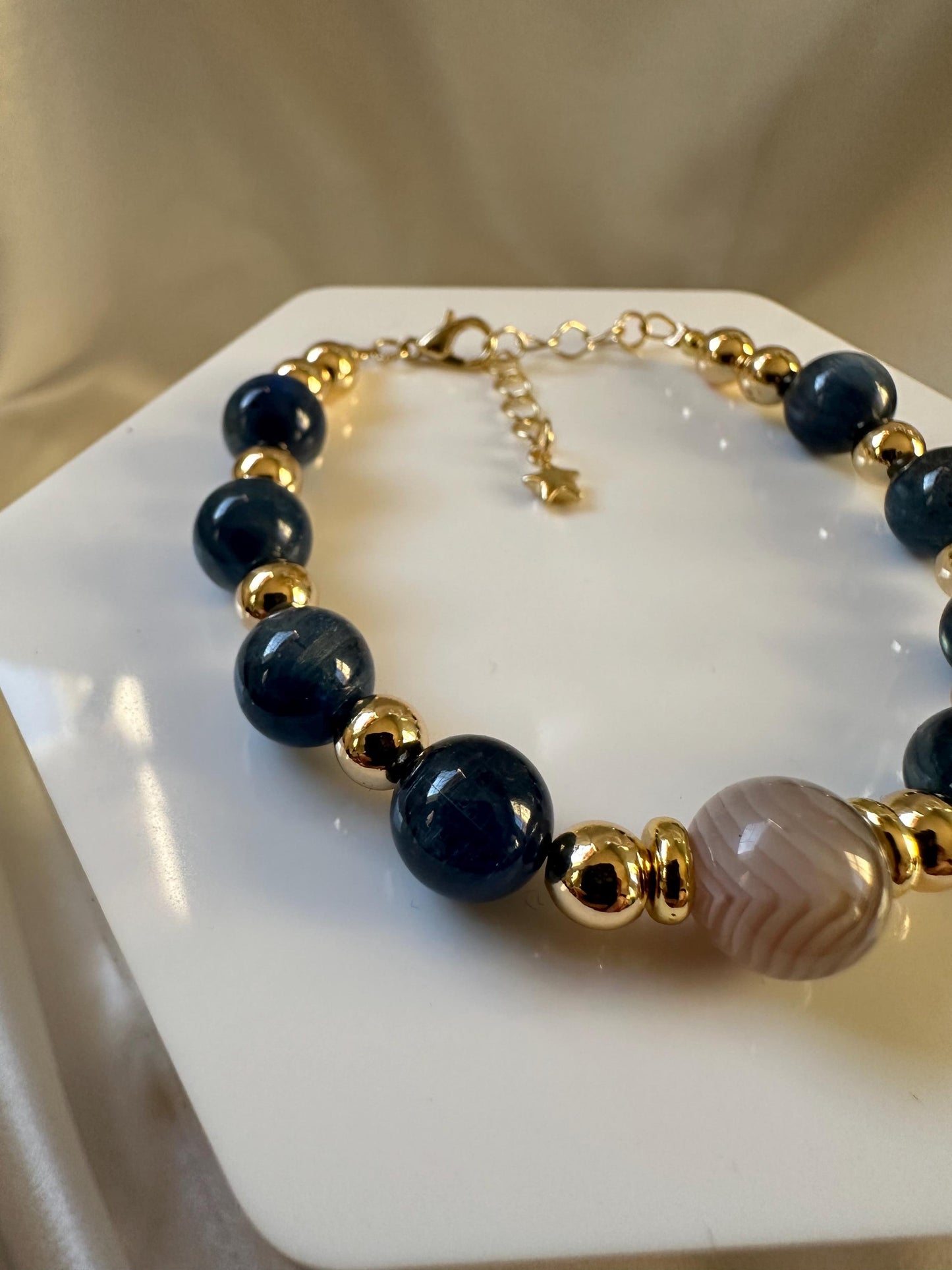 Blue Kyanite & Botswana Agate Bracelet | Focal Agate Bead | 14k Gold Plated Spacer Beads and Chain | Natural Gemstone Handmade Jewelry